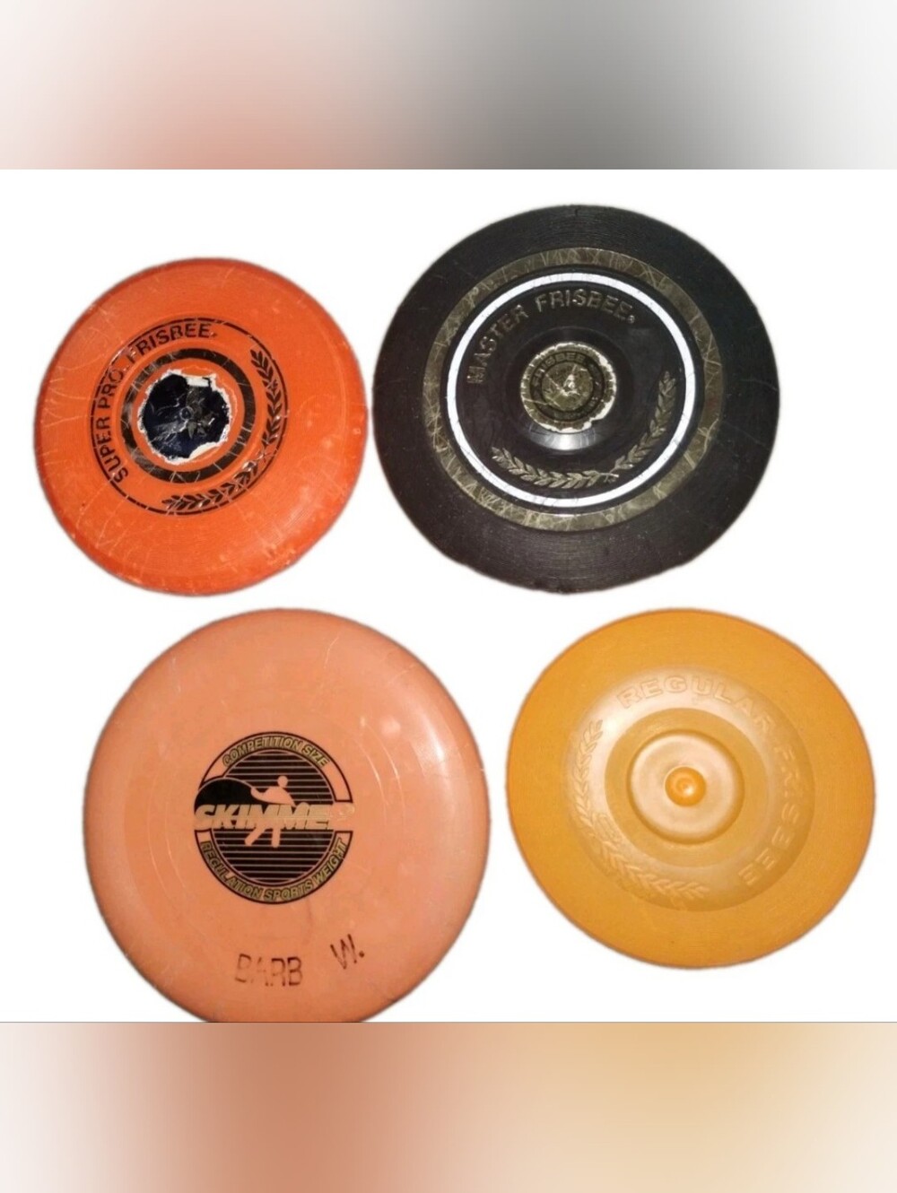 Lot Of 4 VTG Flying Discs 3 Orange, 1 Black 3 Frisbee Branded 4th Is Skimmer